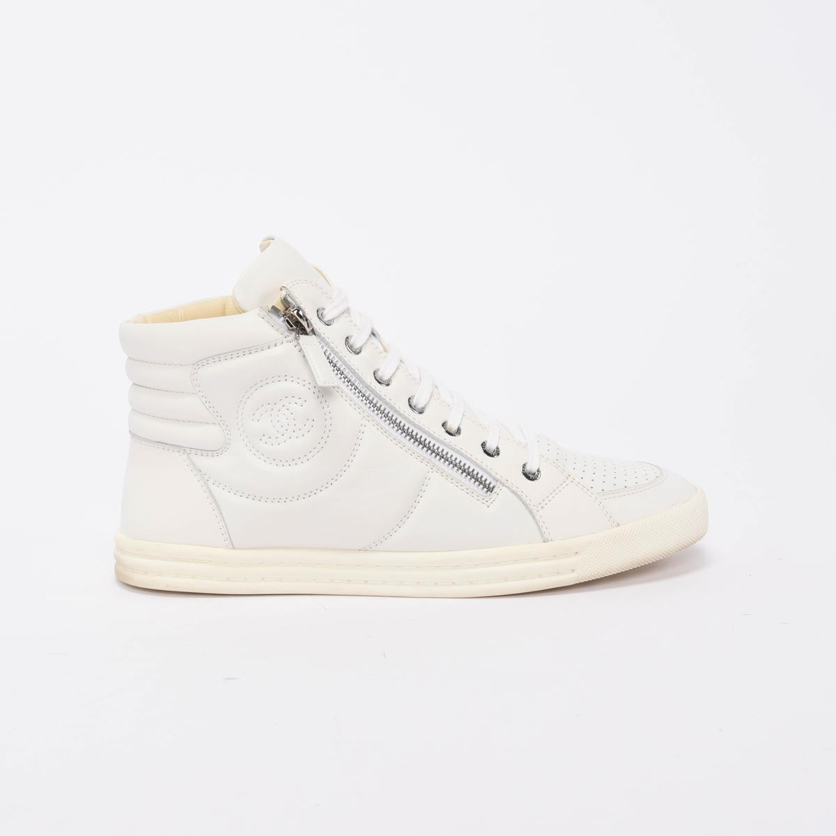 Chanel White Calfskin Side Zip High Top Sneakers 40