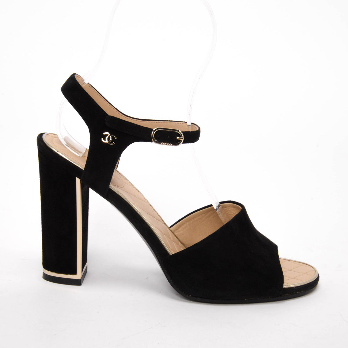 Chanel Black Suede Gold Trim Sandals 40