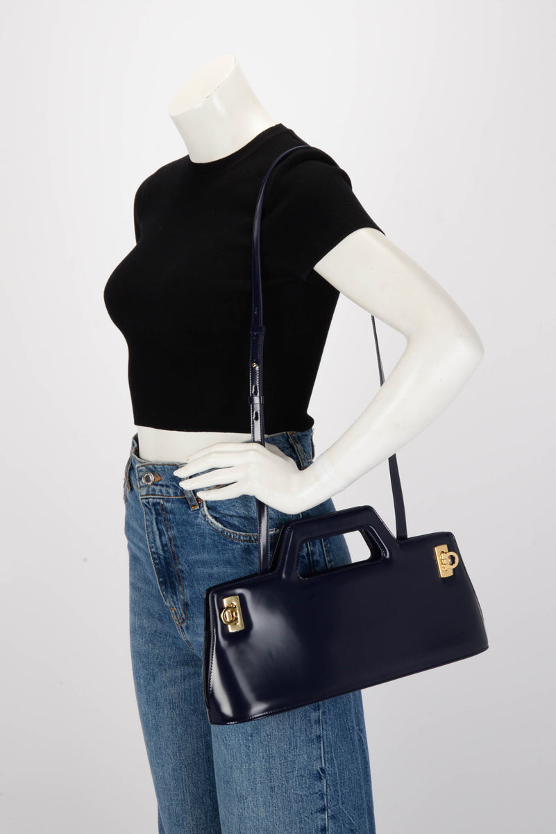 Ferragamo Navy Hi-Shine Wanda East West Bag