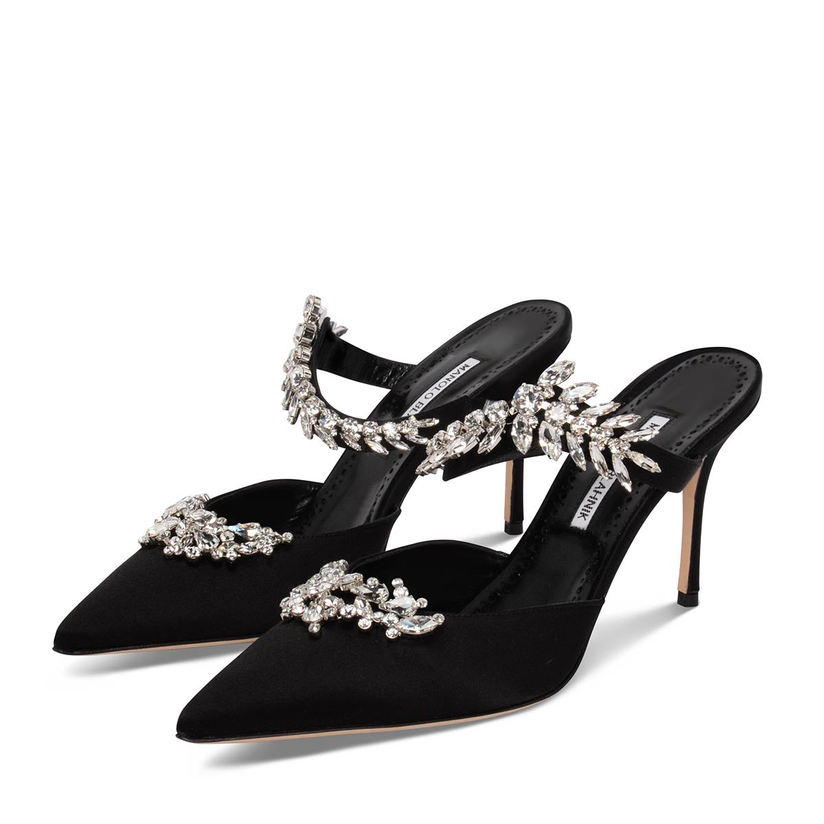 Manolo Blahnik Black Satin Crystal Lurum Pumps