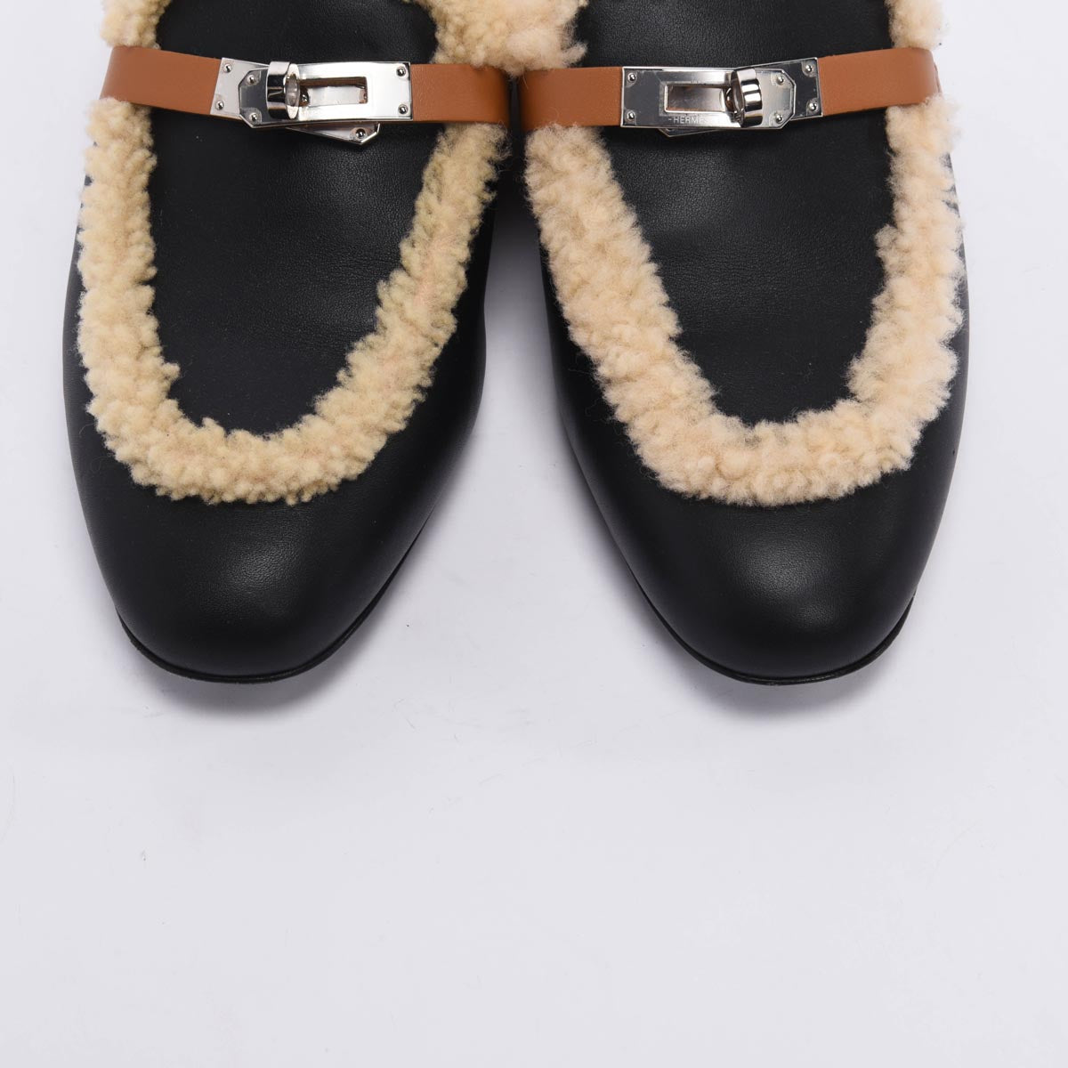 Hermes Black & Natural Goatskin & Shearling Oz Mules 39