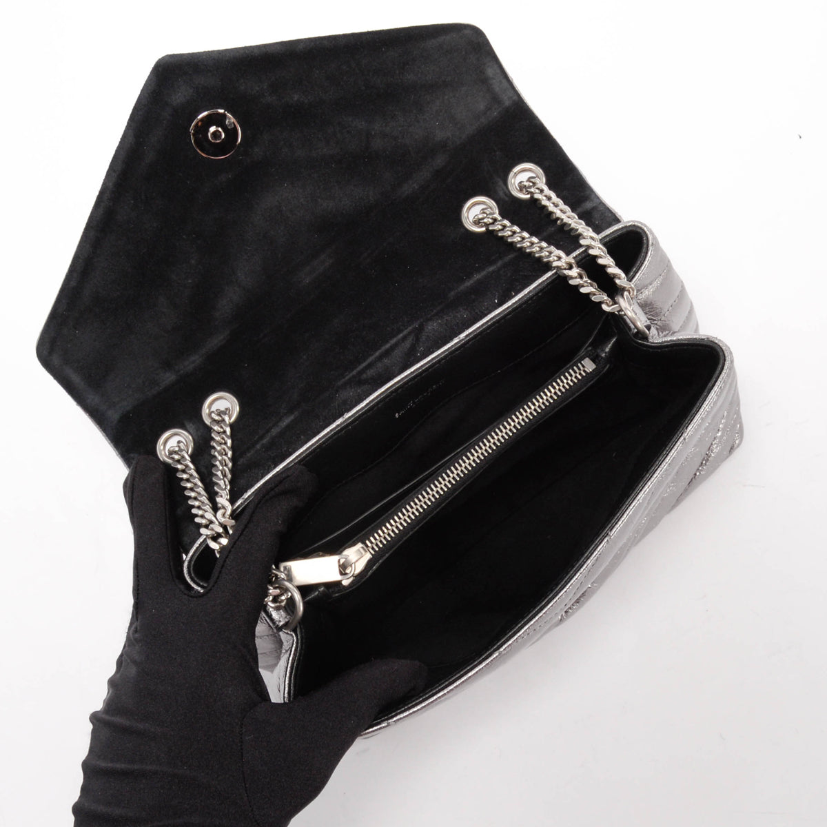 Saint Laurent Silver Metallic Chevron Small Lou Lou Bag