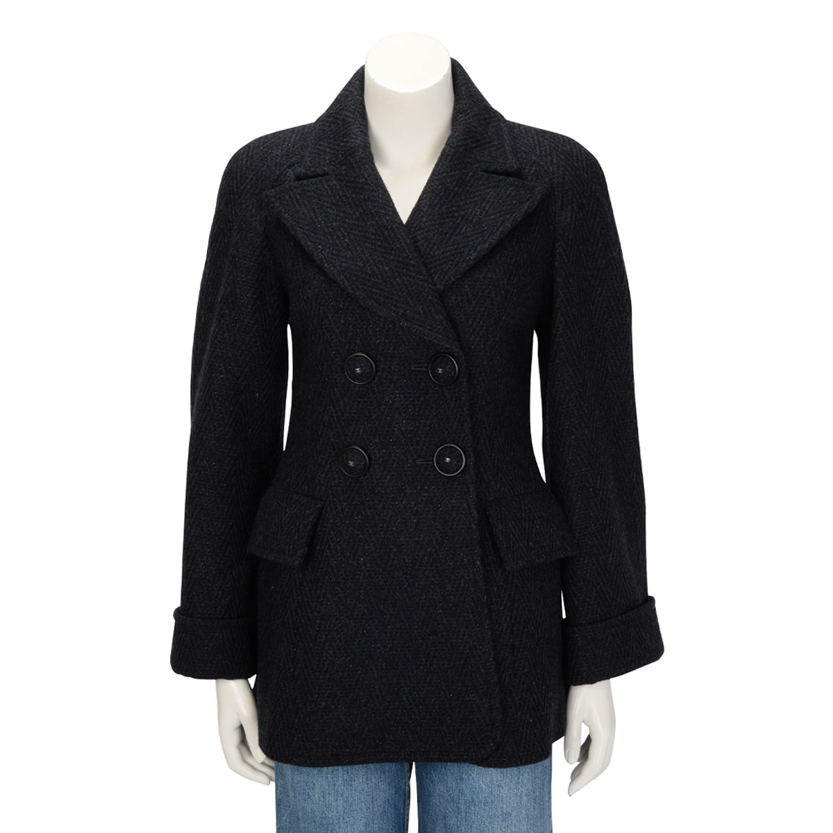 Chanel Navy Herringbone Wool Double Breasted Coat FR 38