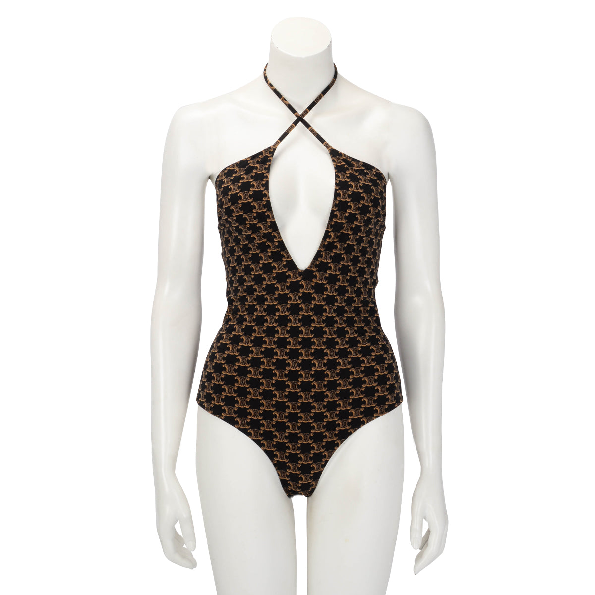 Celine Brown Monogram Jersey V-Neck One Piece Swimsuit FR 40