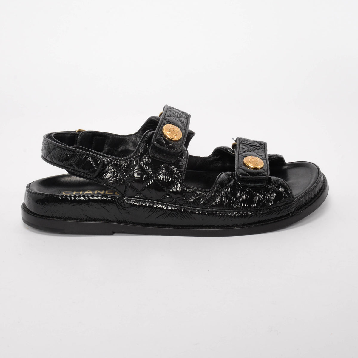 Chanel Black Crinkled Patent Dad Sandals 41.5