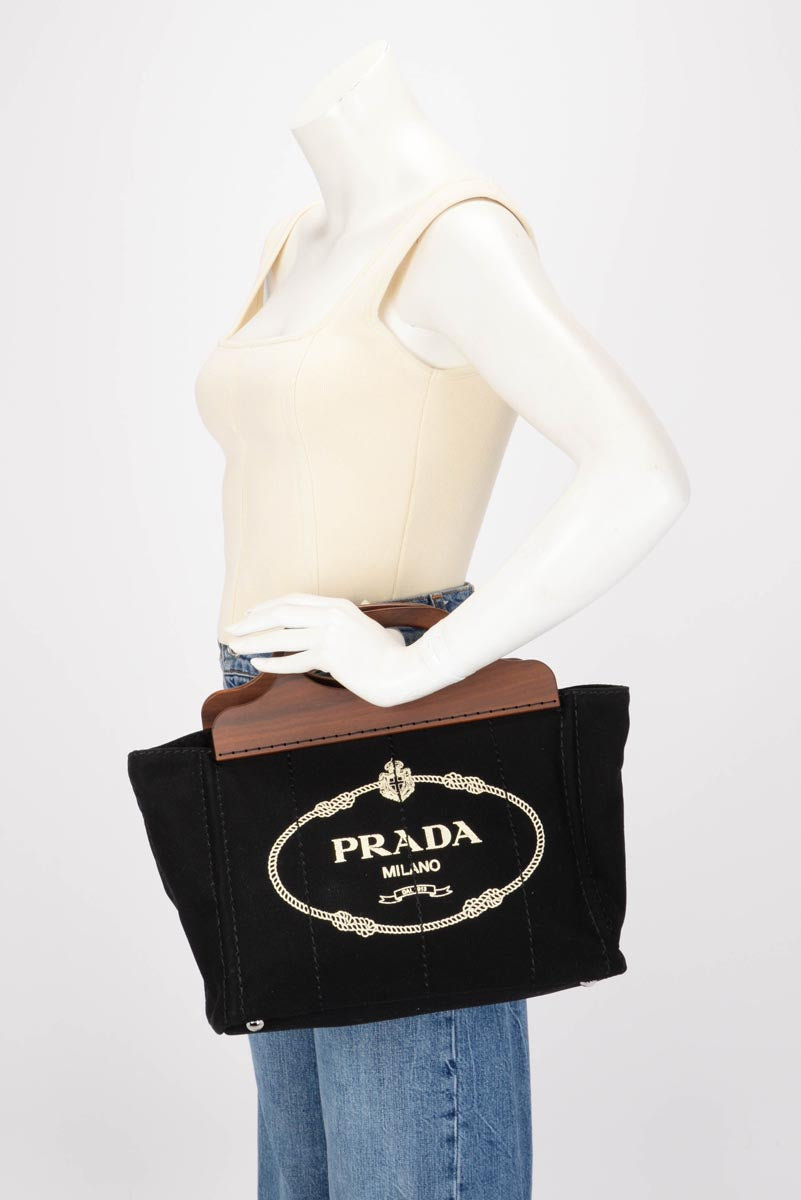 Prada Black Canvas Wood Handle Canapa Tote