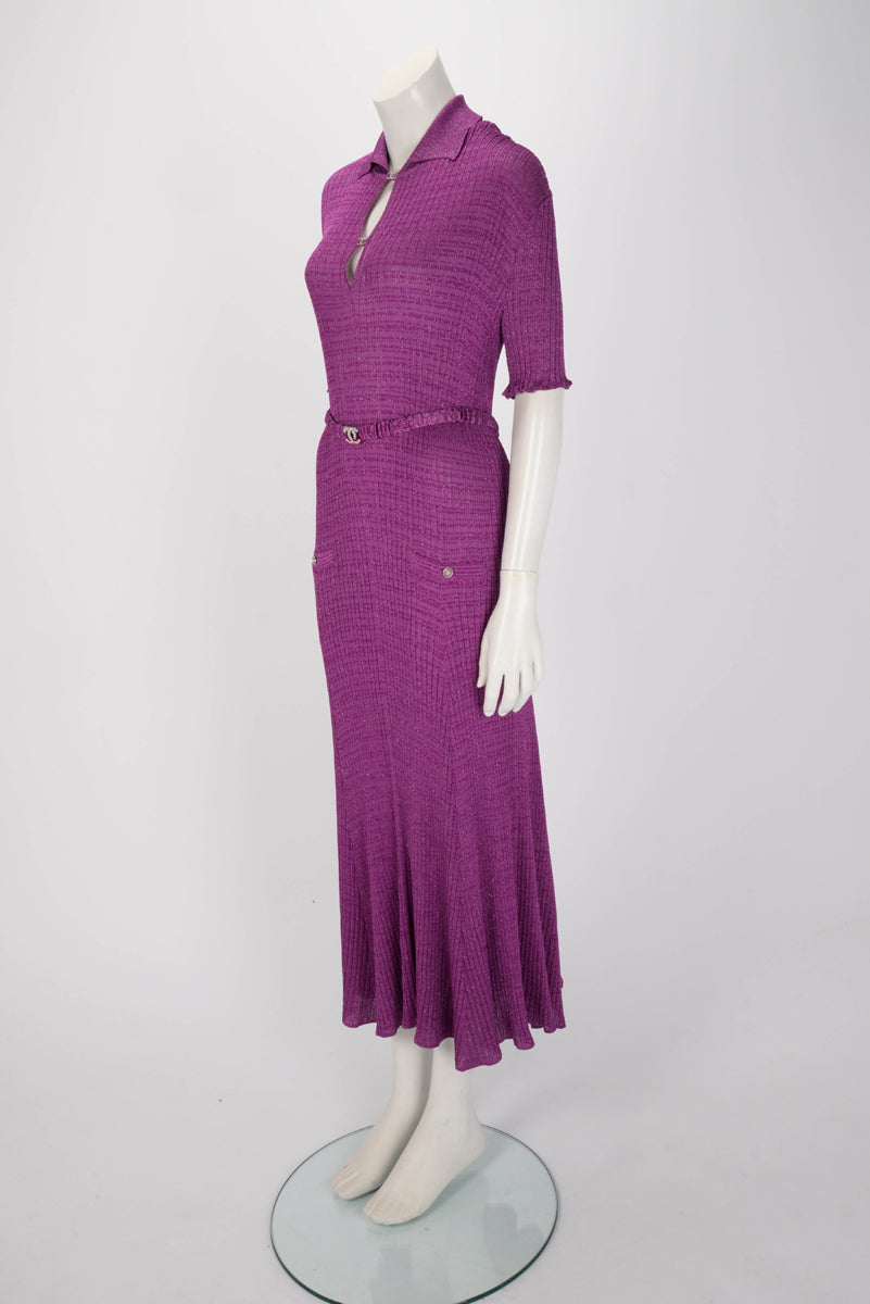 Chanel Purple Ribbed Lurex Collared Midi Dress FR 48