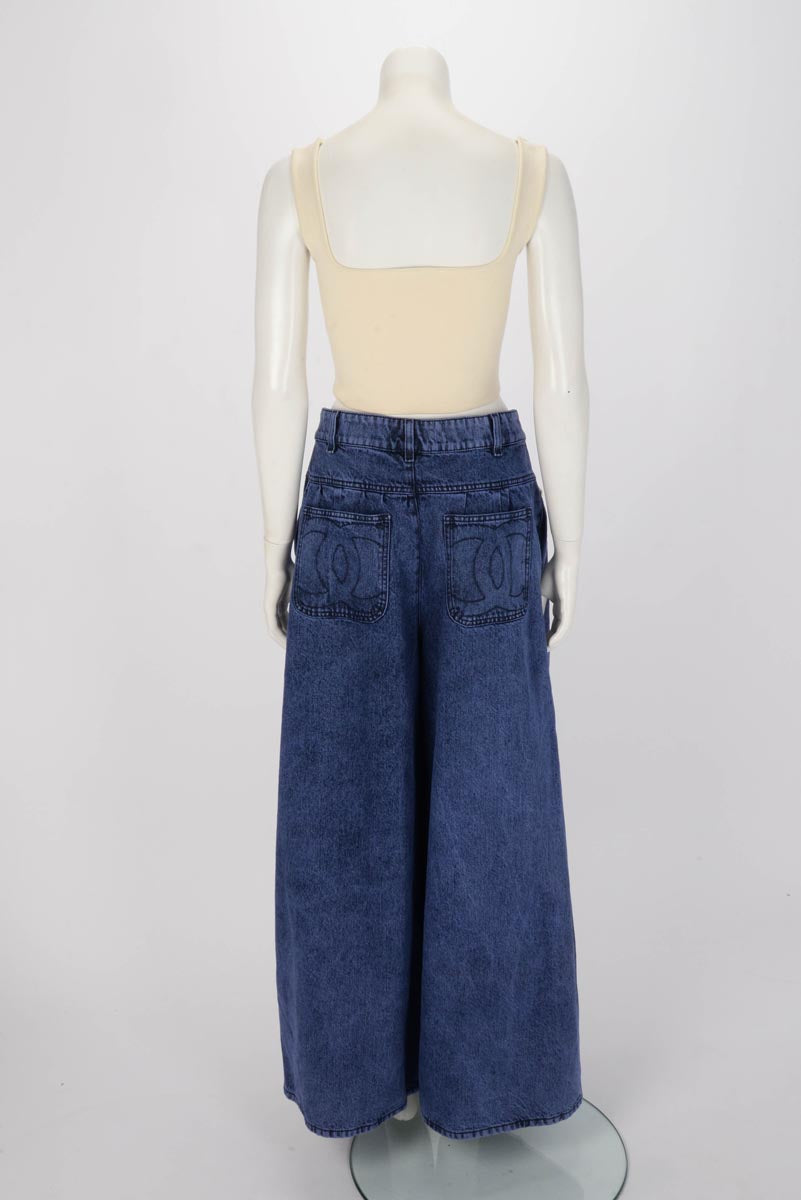 Chanel Blue Denim CC Pearl Embellished Wide Leg Jeans FR 50