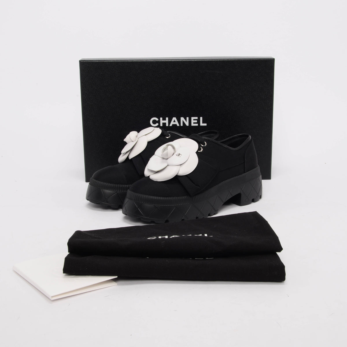 Chanel Black Grosgrain Camellia Lace Up Loafers 36