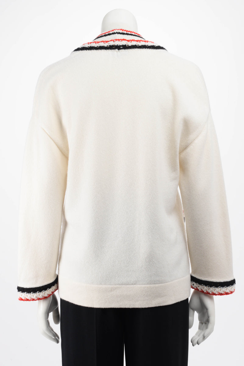 Chanel Cream Cashmere V-Neck Braided Trim Sweater FR 36