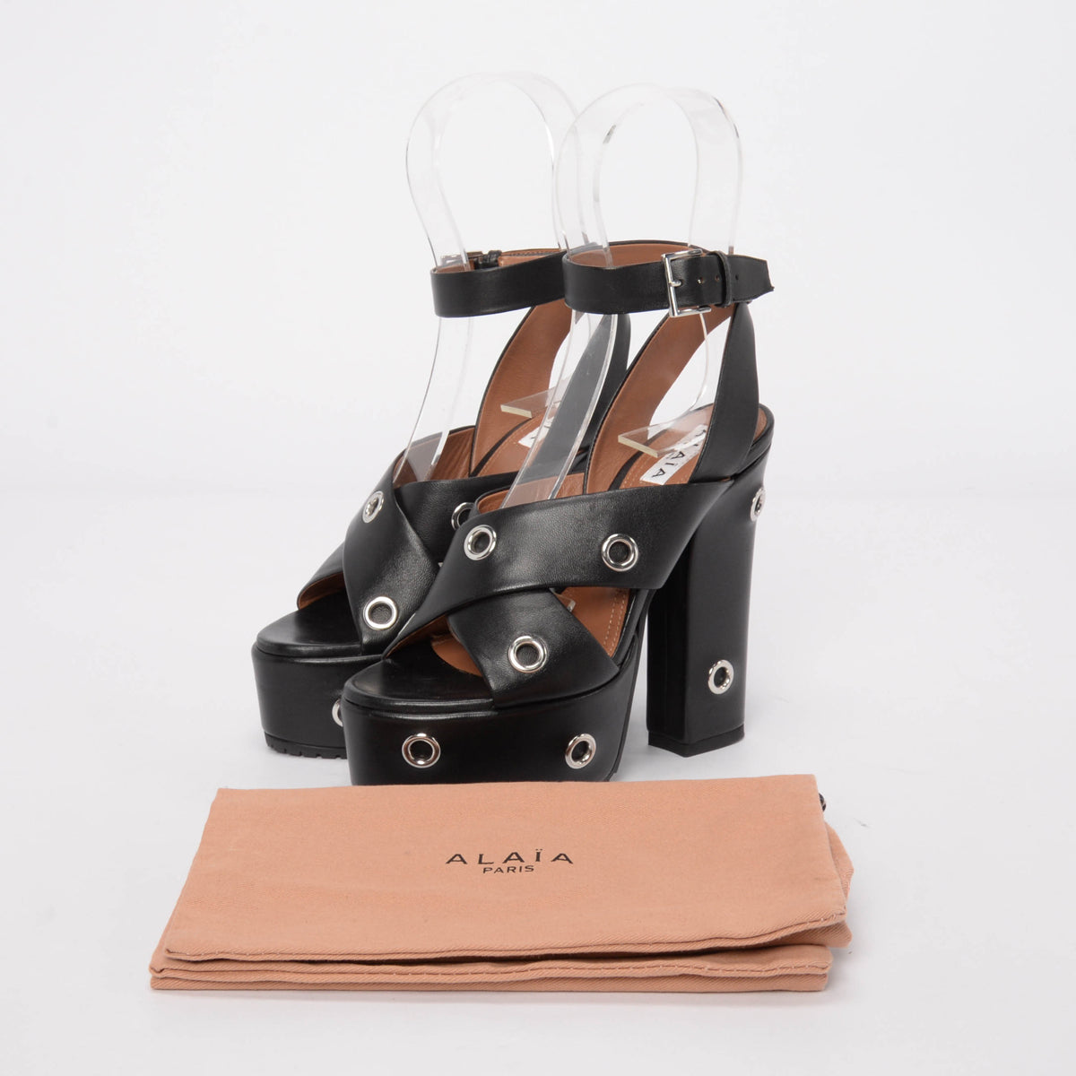 Alaia Black Leather Eyelet Embellished Platform Sandals 35