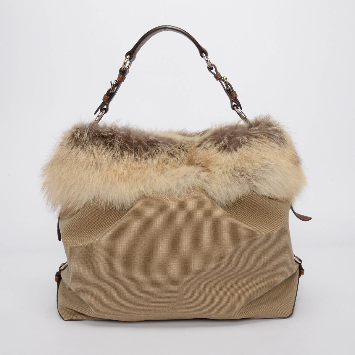 Prada Beige Logo Jacquard and Fur Hobo Bag