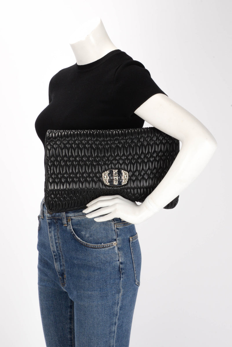 Miu Miu Black Matelasse Nappa Large Crystal Convertible Clutch
