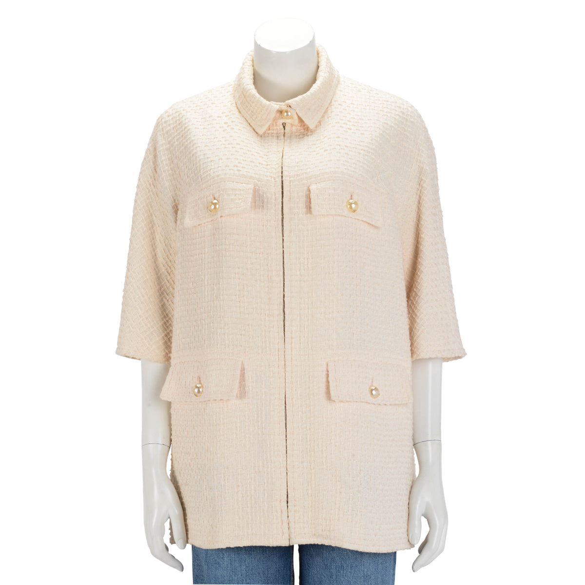 Chanel Cream Cotton Pearl Button Zip Up Jacket