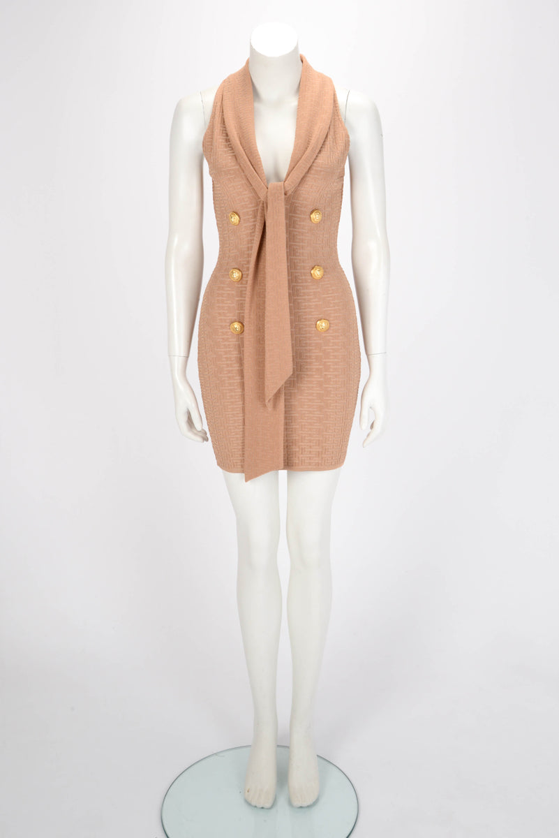 Balmain Gold Monogram Knit Sleeveless V-Neck Dress FR 36