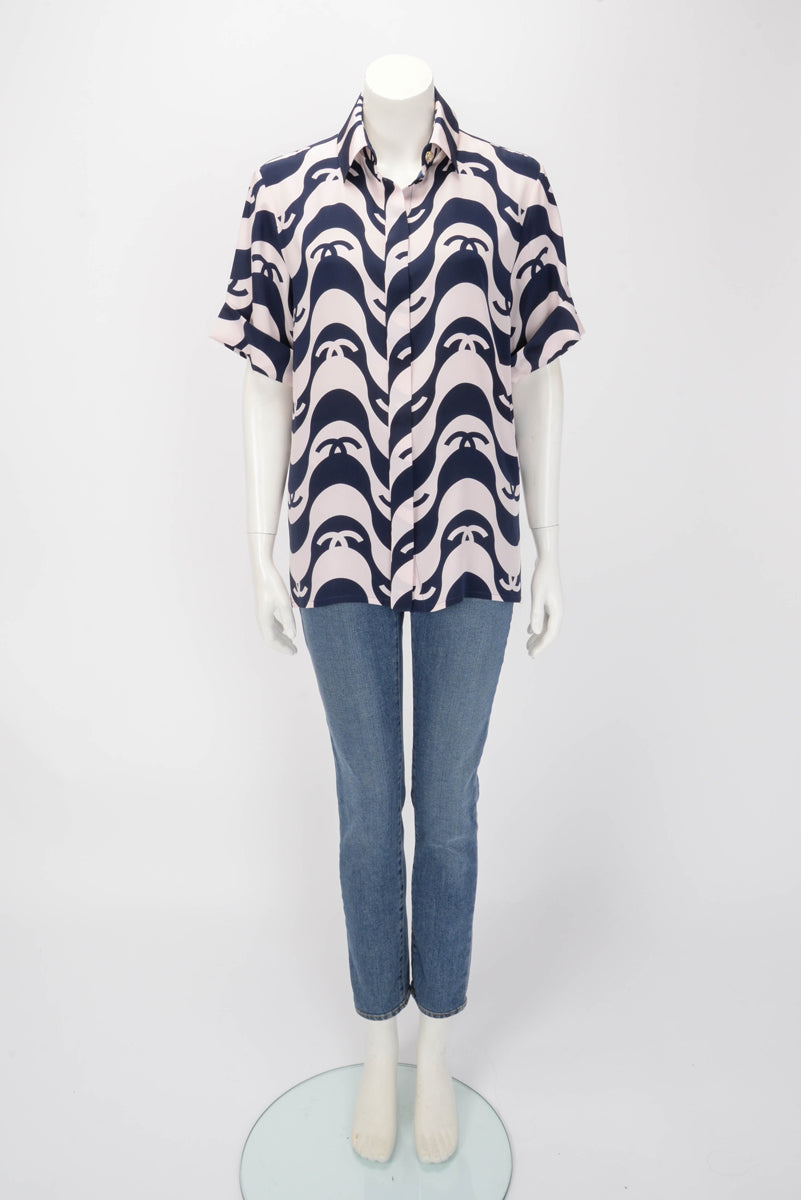 Chanel Pink & Navy Silk CC Wave Print Shirt FR 38