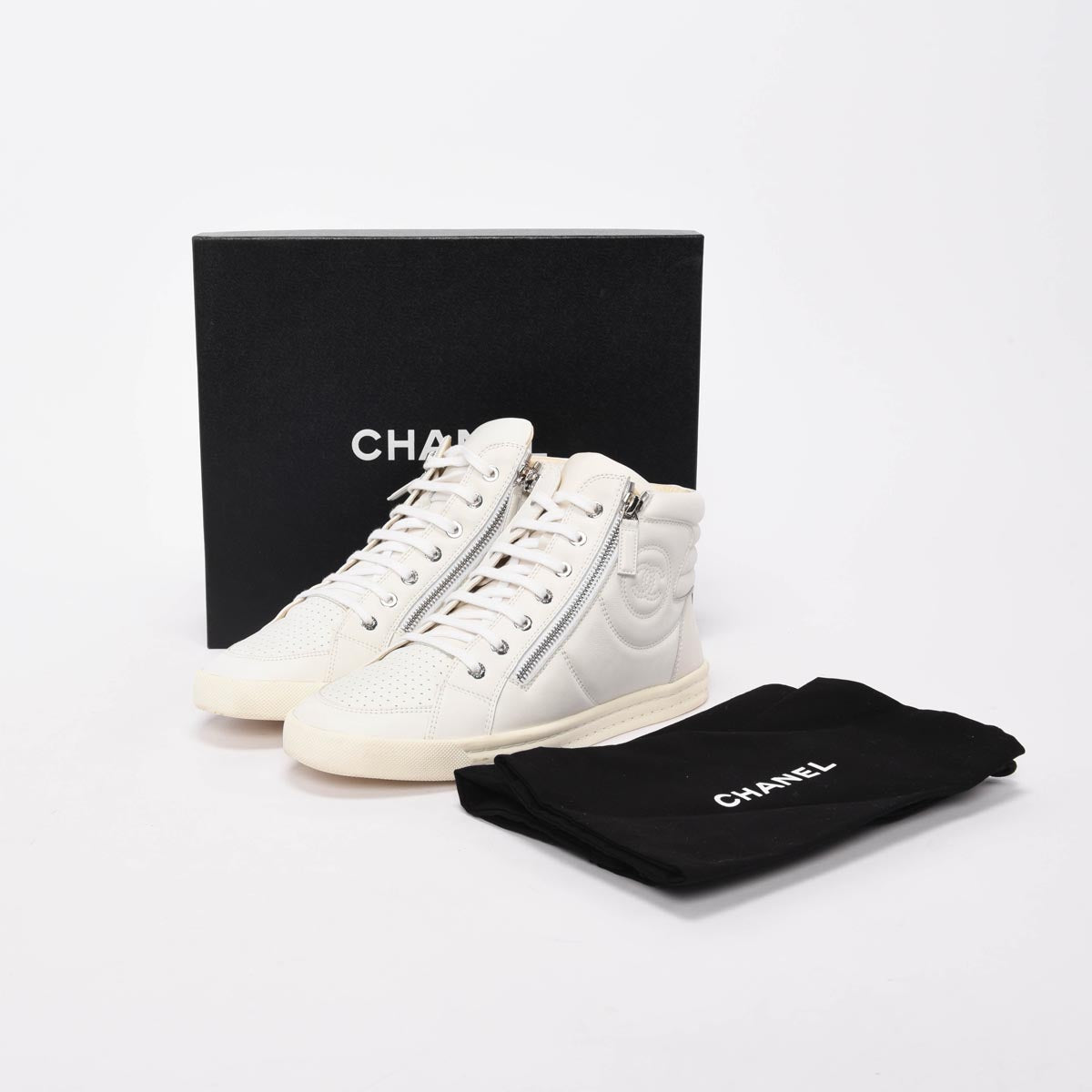 Chanel White Calfskin Side Zip High Top Sneakers 40