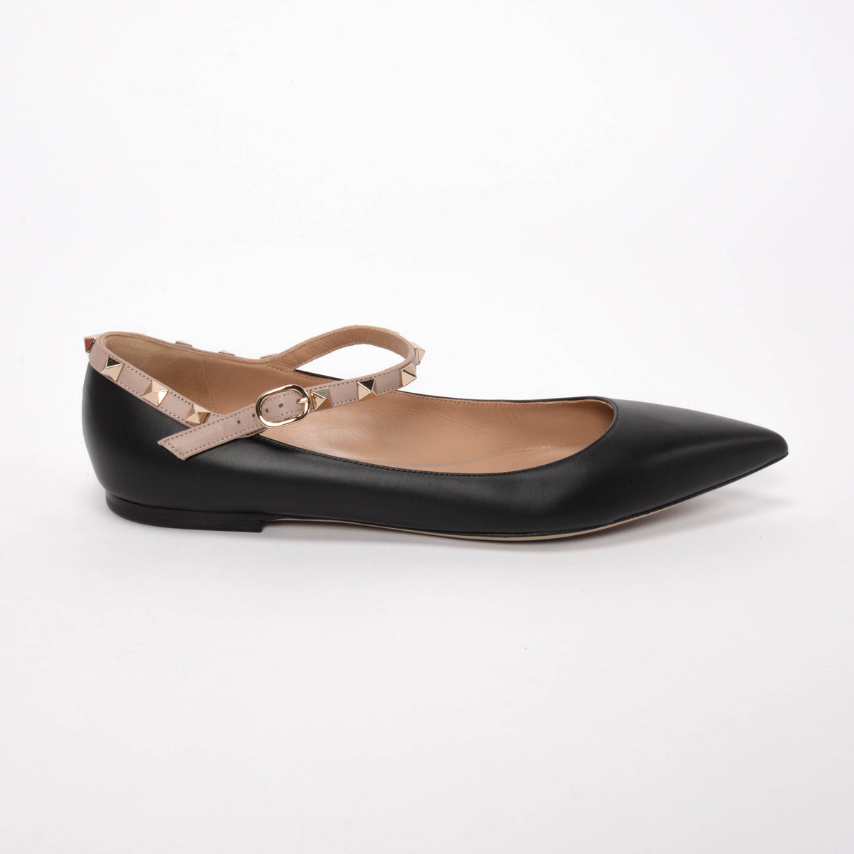 Valentino Black & Poudre Calfskin Rockstud Ankle Strap Ballerina Flats 41