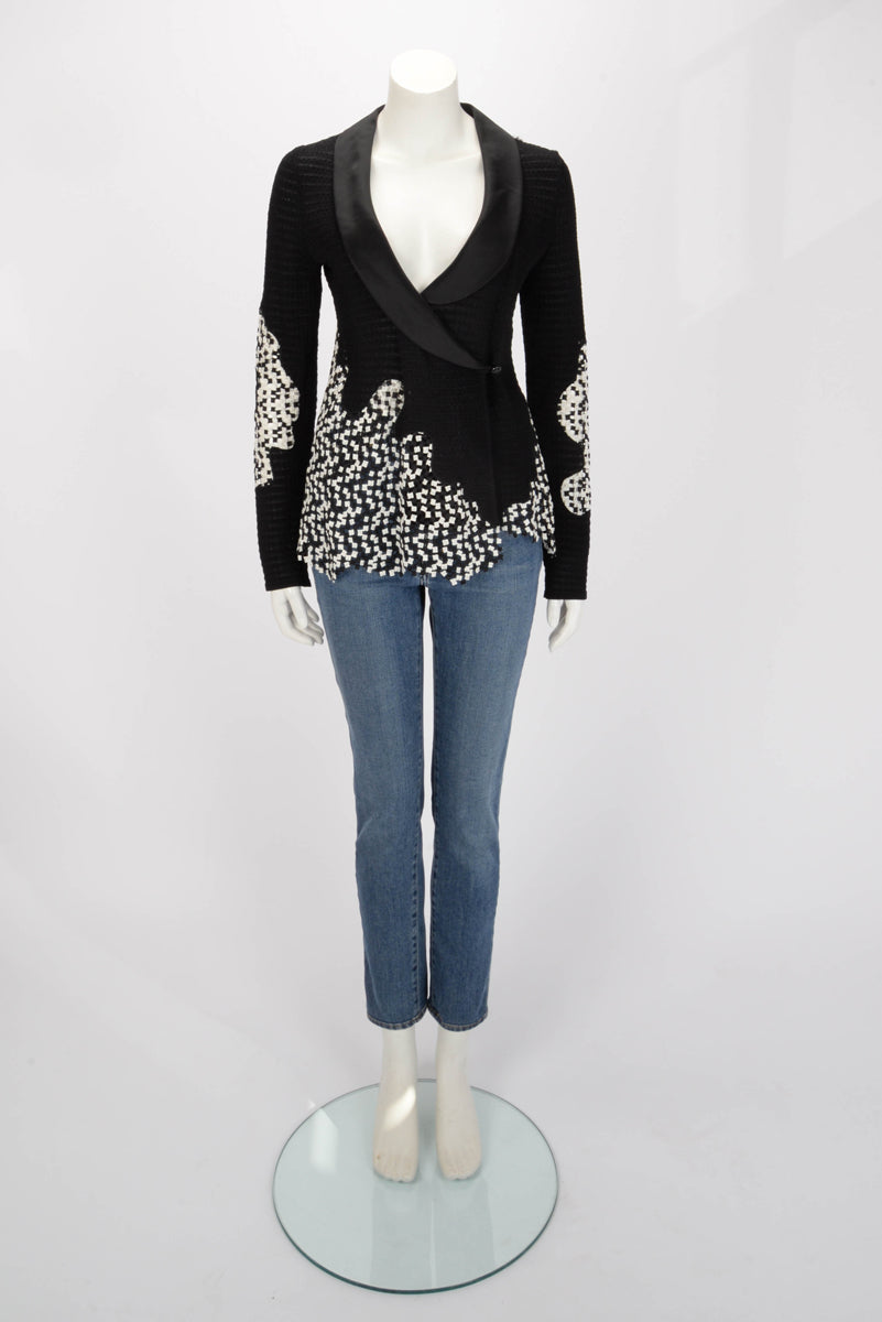 Chanel Black & White Knit Satin Lapel Jacket 36
