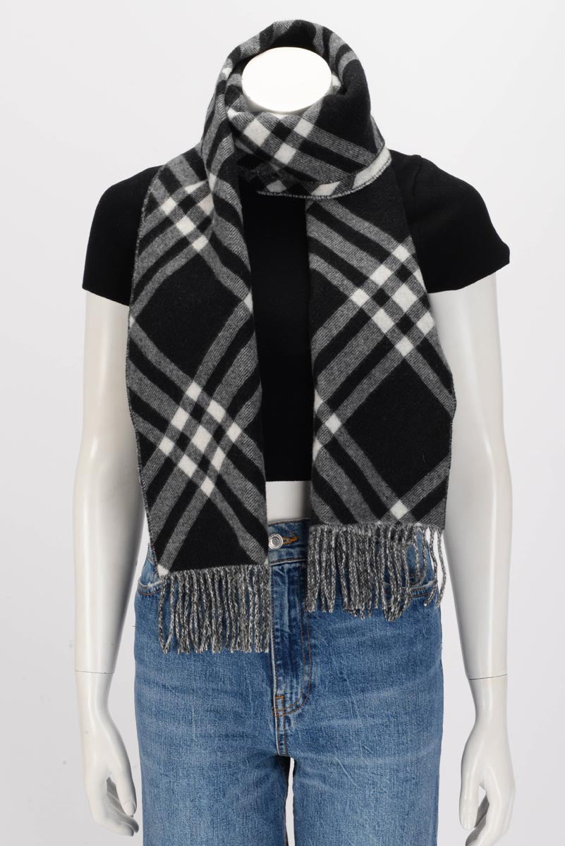 Burberry Black & White Cashmere Check Scarf