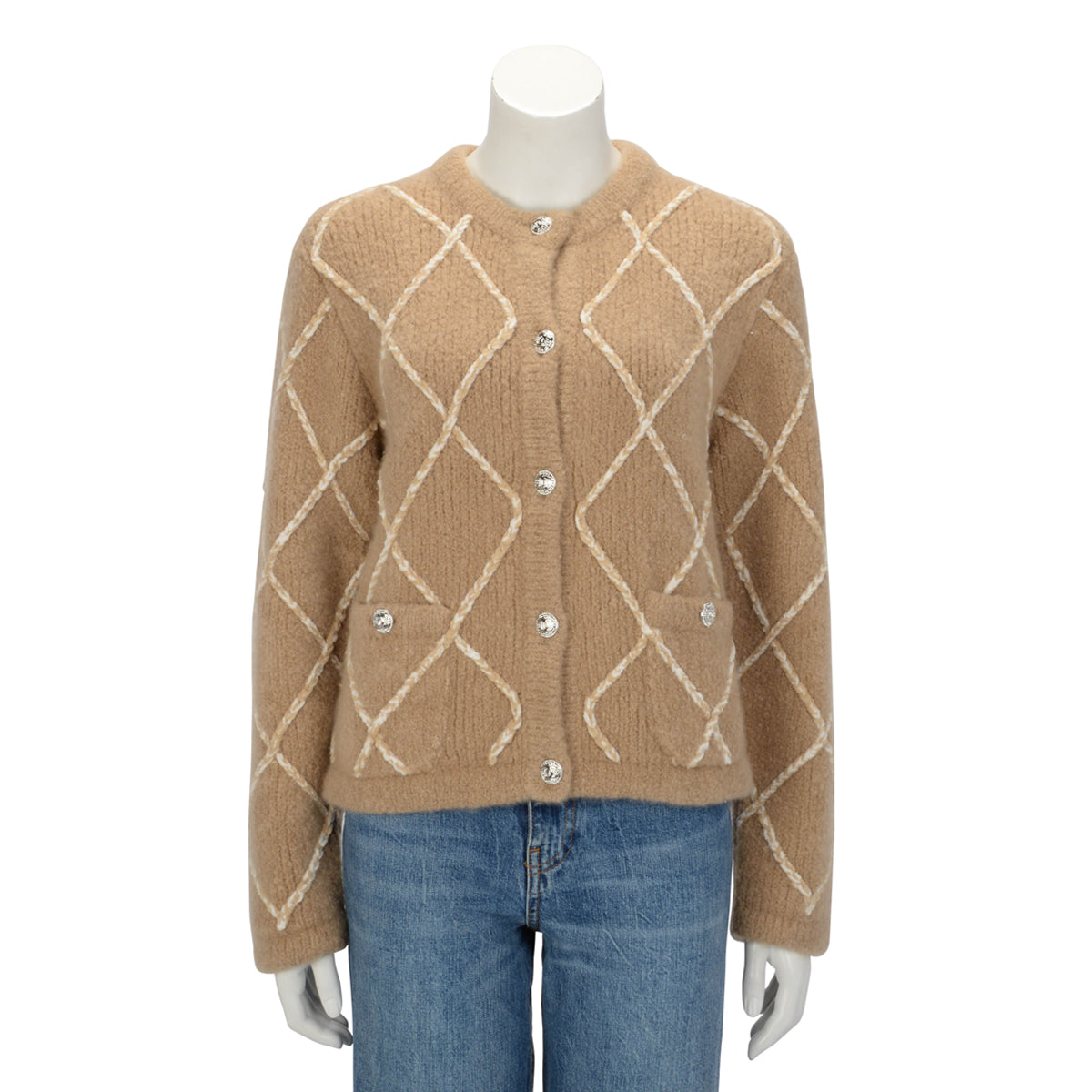 Chanel Beige Cashmere Diamond Quilted Cardigan FR 40