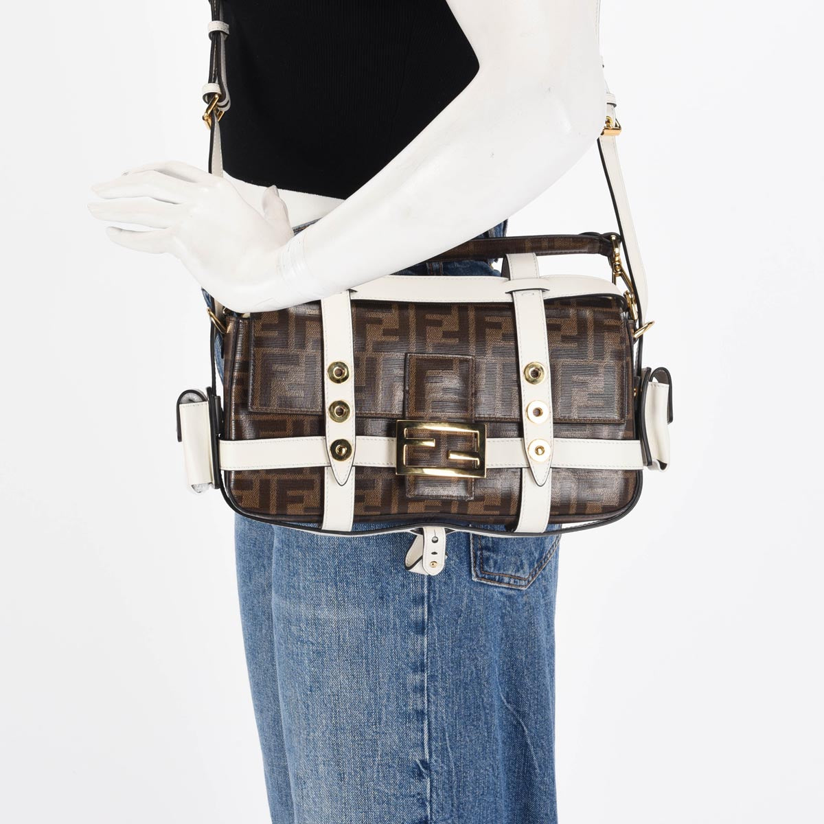 Fendi Tobacco & White Zucca Canvas Cage Baguette Bag