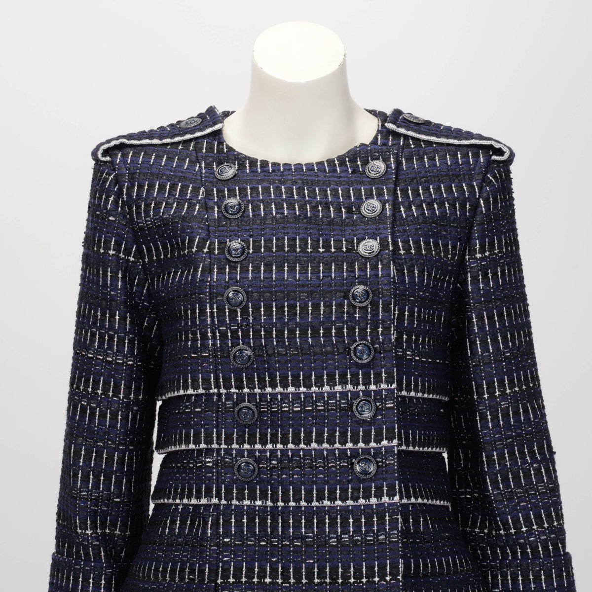 Chanel Blue & Black Striped Tweed Military Style Jacket FR 42
