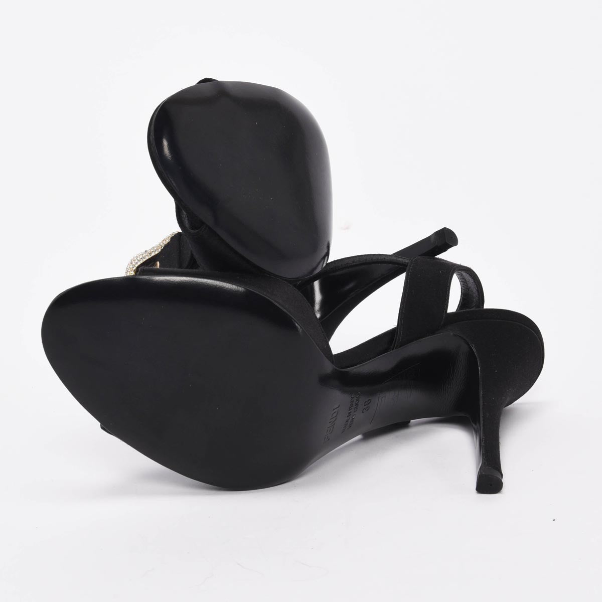 Fendi Black Satin Crystal Buckle Sandals 38