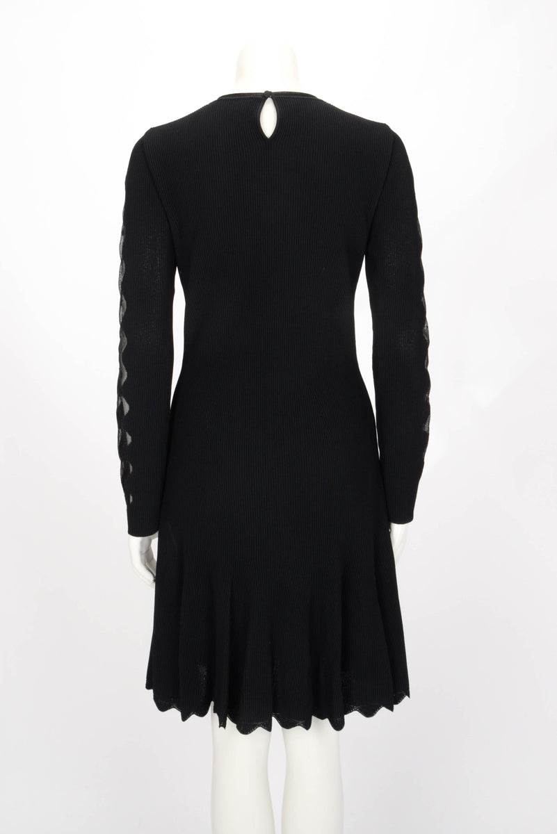 Alexander McQueen Black Ribbed Knit Lace Sleeve Dress L