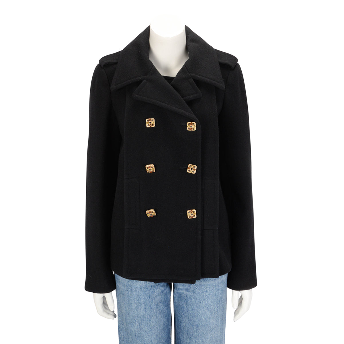 Chanel Black Wool Melton Gripoix Button Pea Coat FR 40