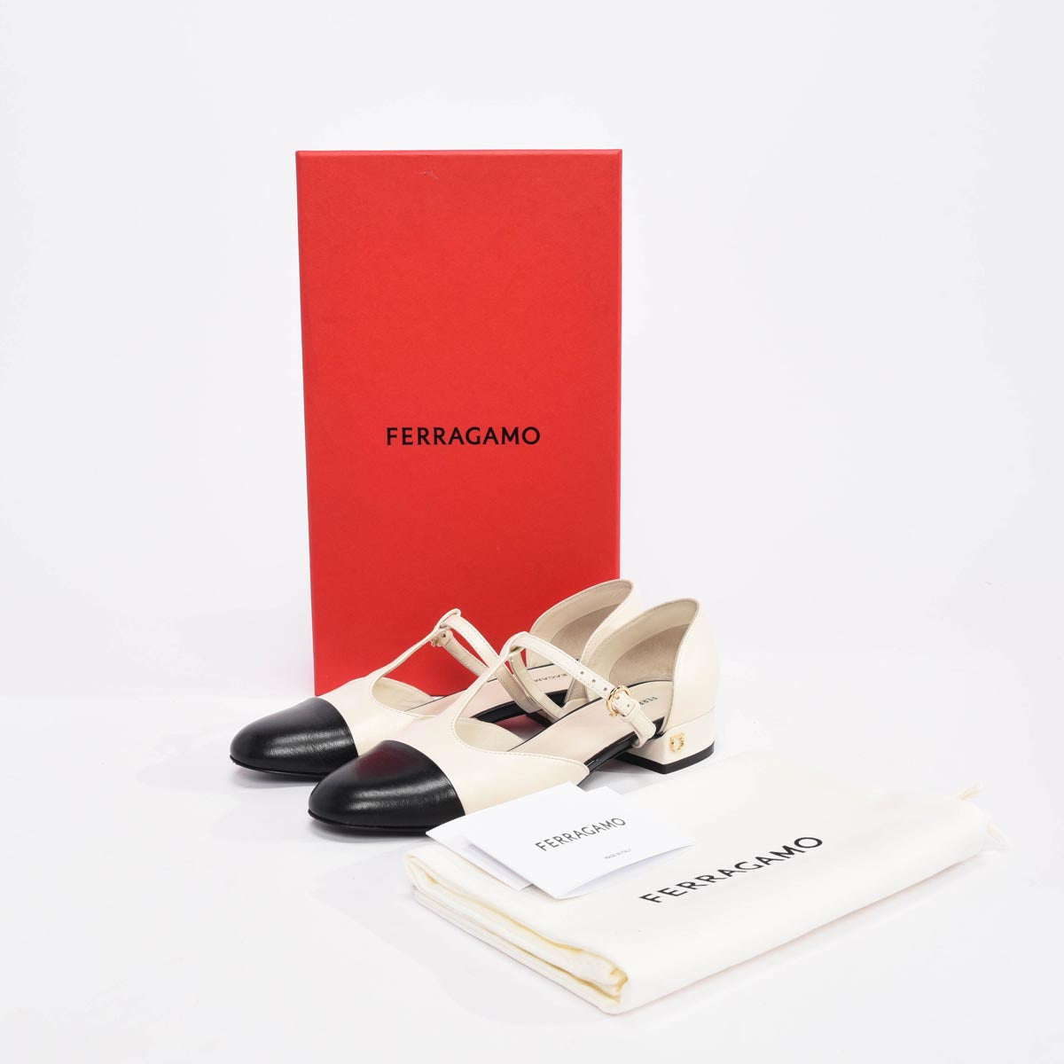 Ferragamo White & Black Goatskin Linette Cap Toe Mary Janes 6