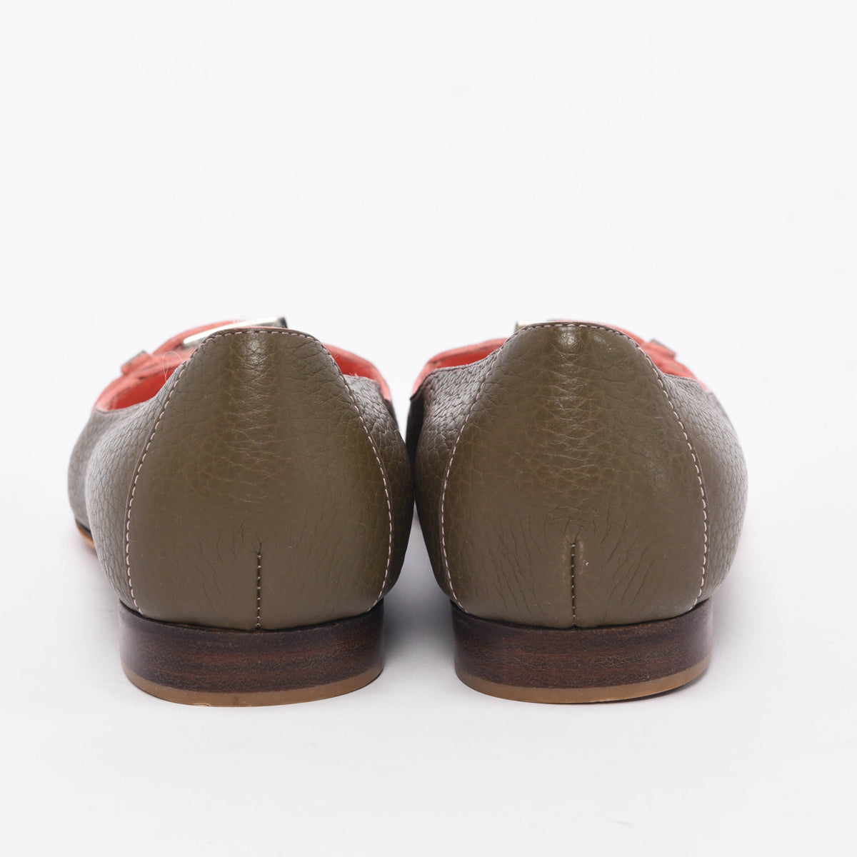 Loewe Khaki & Coral Calfskin Buckle Flats 36