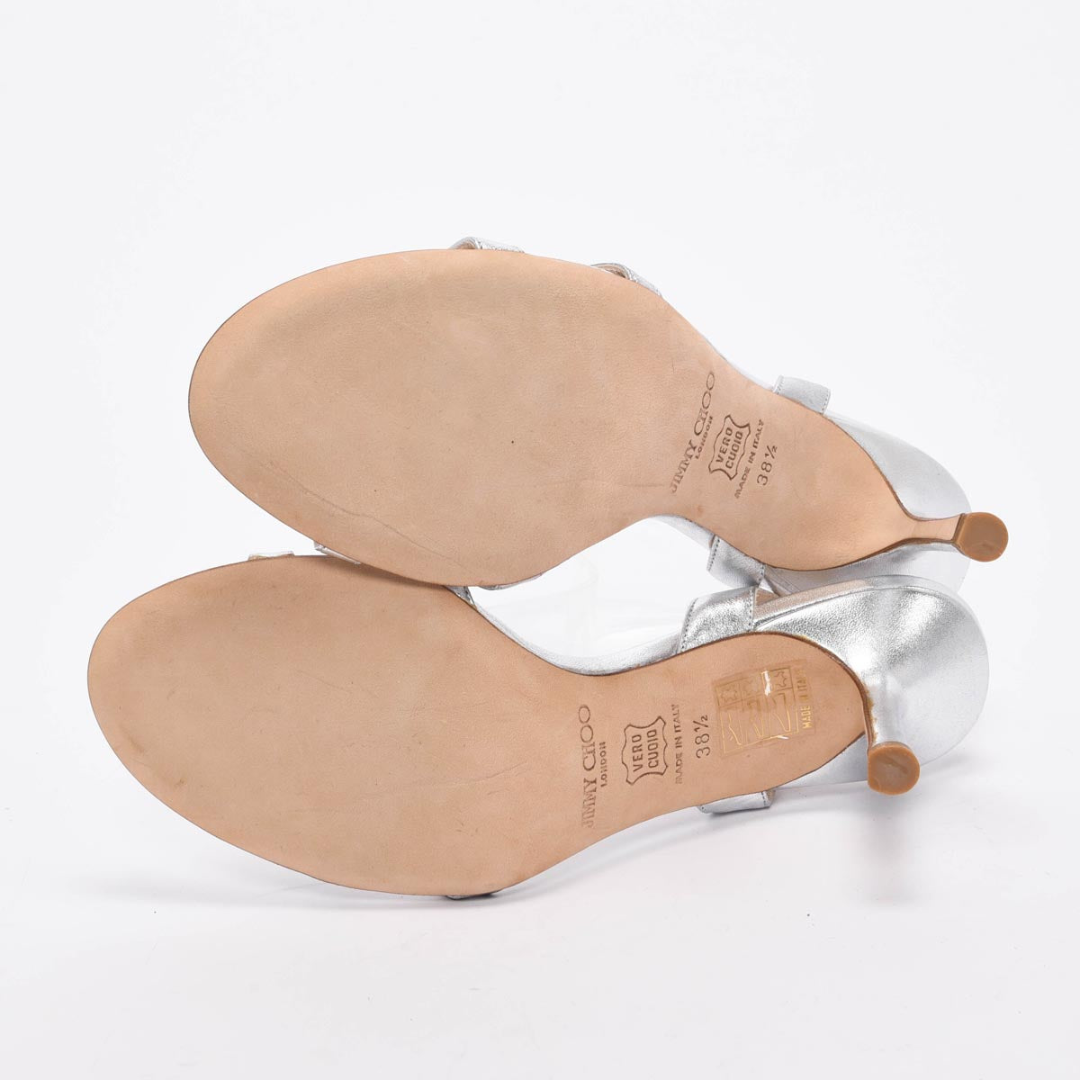 Jimmy Choo Silver Metallic Leather Strappy Sandals 38.5