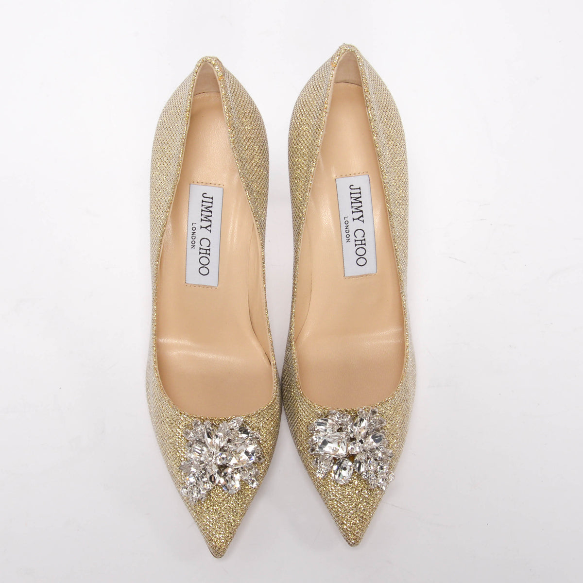 Jimmy Choo Gold Lurex Crystal Mamey Pumps 37