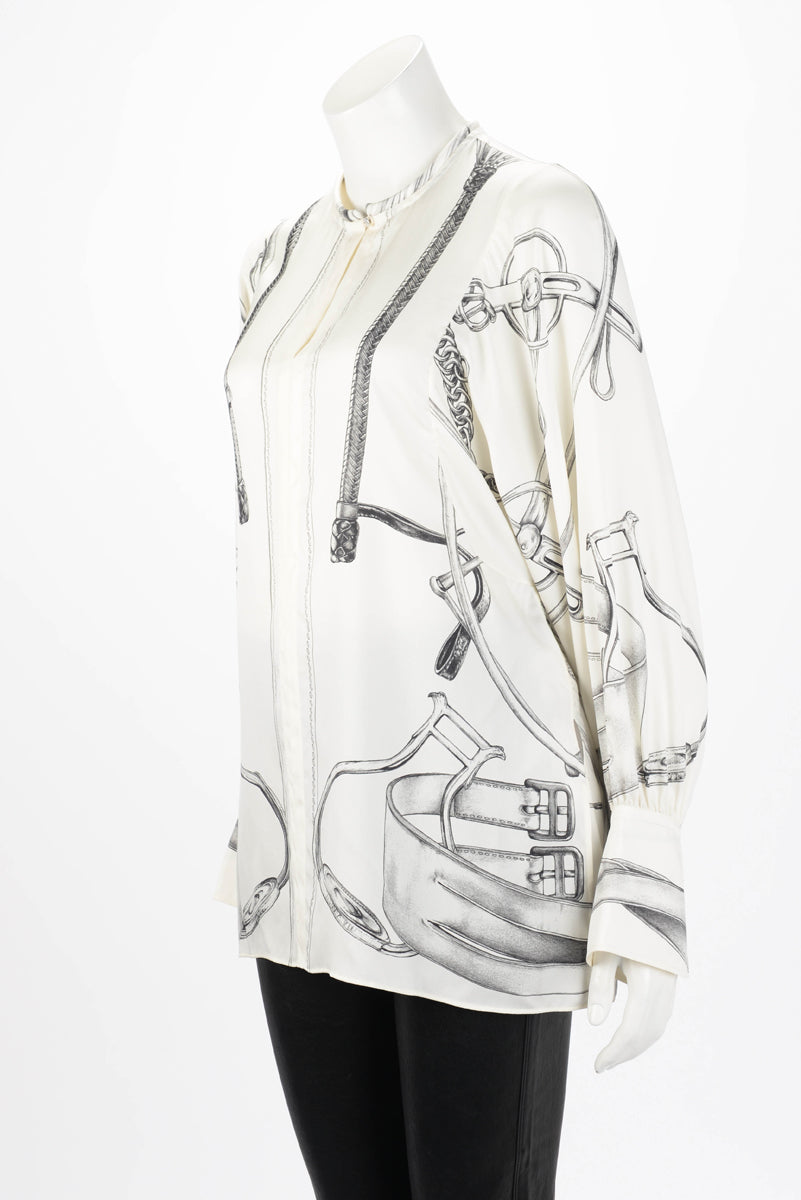 Hermes Blanc Casse Silk Project Carres Blouse FR 38