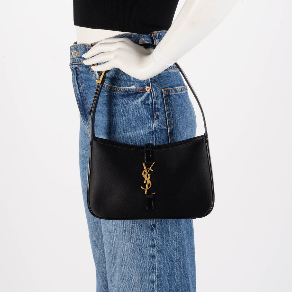 Saint Laurent Black Satin & Patent Le 5 A 7 Bag