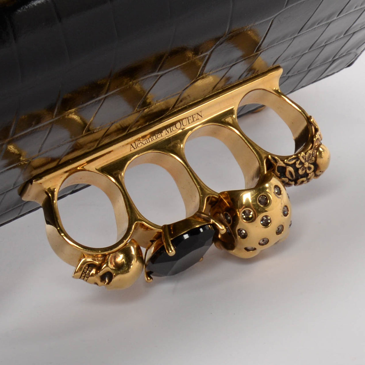 Alexander McQueen Black Croc Embossed Jewelled Skull Satchel Mini Bag