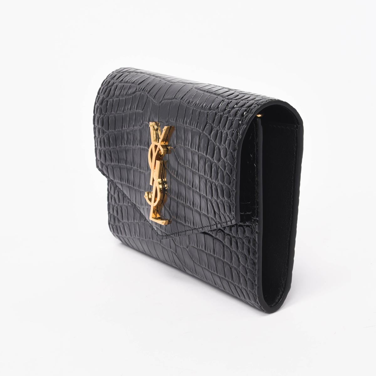 Saint Laurent Black Croc Embossed Uptown Chain Wallet