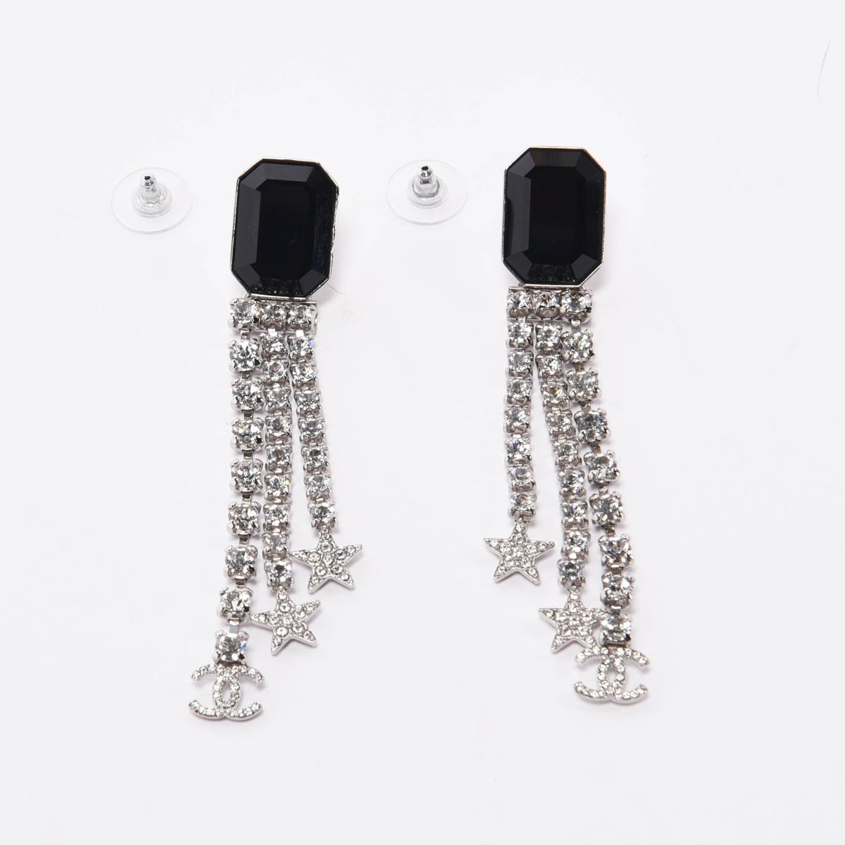 Chanel Silver & Black Crystal Star CC Drop Earrings