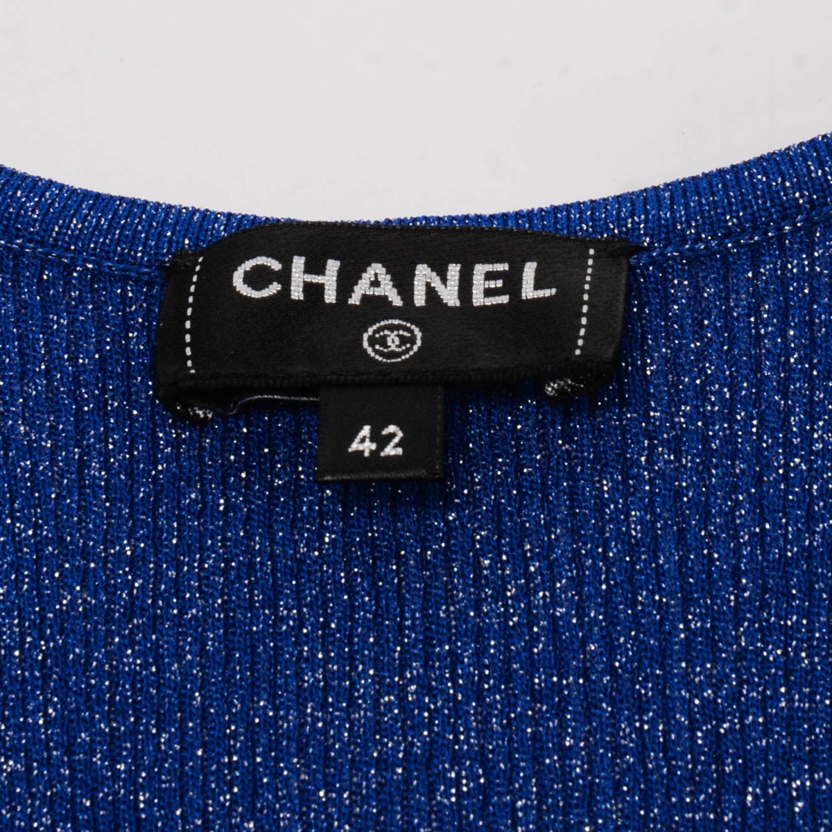Chanel Blue Lurex Knit Pleated CC Maxi Dress FR 42