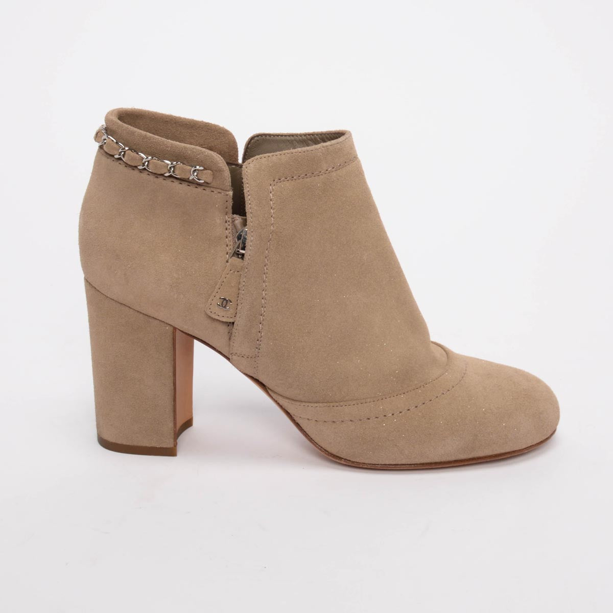 Chanel Beige Glitter Suede CC Chain Detail Ankle Boots 41