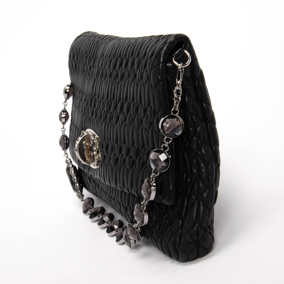 Miu Miu Black Matelasse Nappa Large Crystal Convertible Clutch