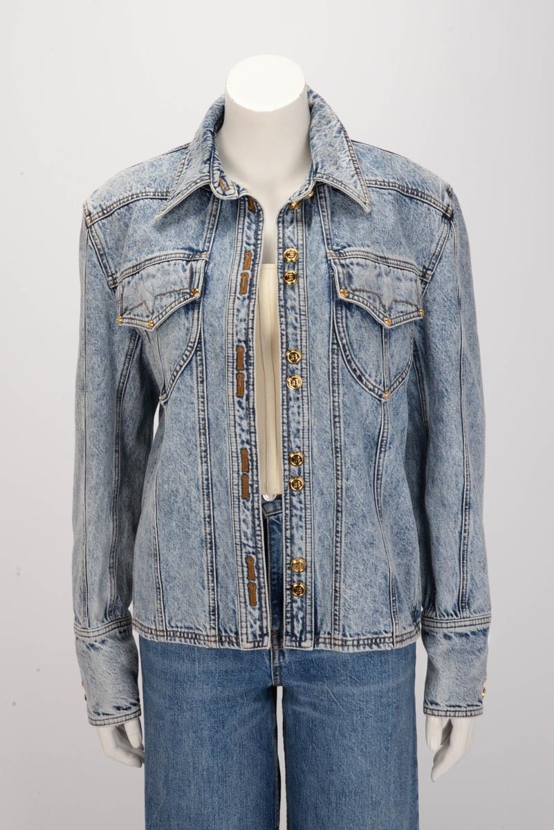 Balmain Blue Distressed Denim Shirt Jacket FR 40