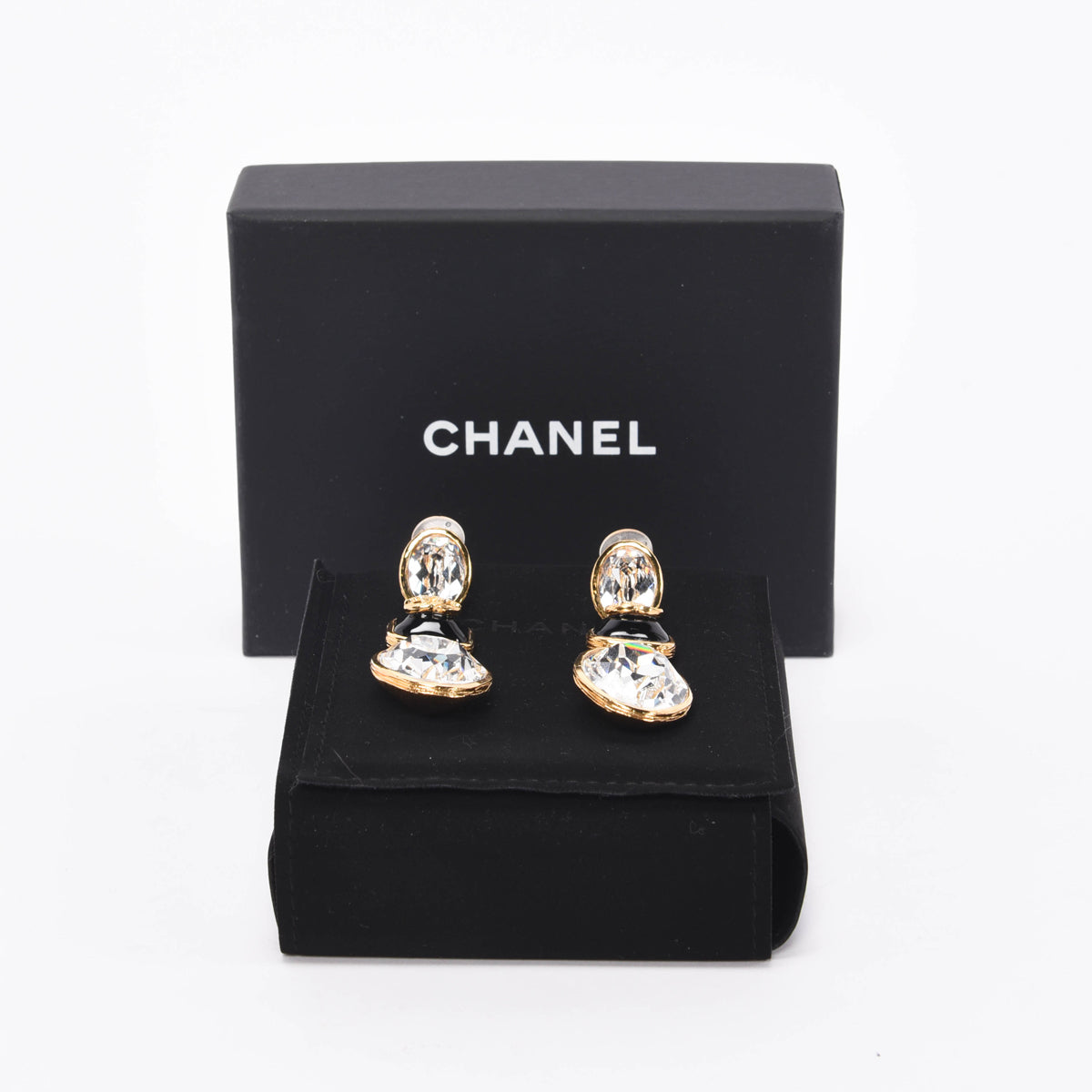 Chanel Gold & Black Crystal CC Clip-on Earrings