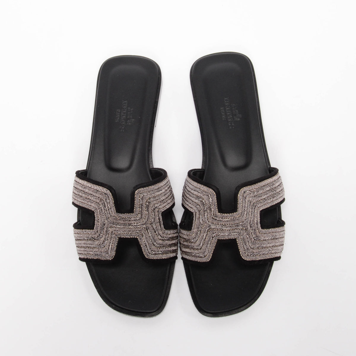 Hermes Black Suede Dabka Embroidered Oran Sandals 37