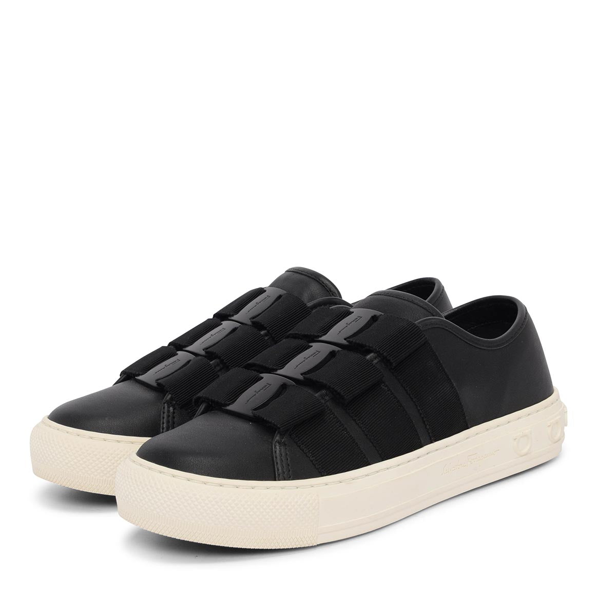 Ferragamo Black Calfskin Nataly Vara Bow Sneakers