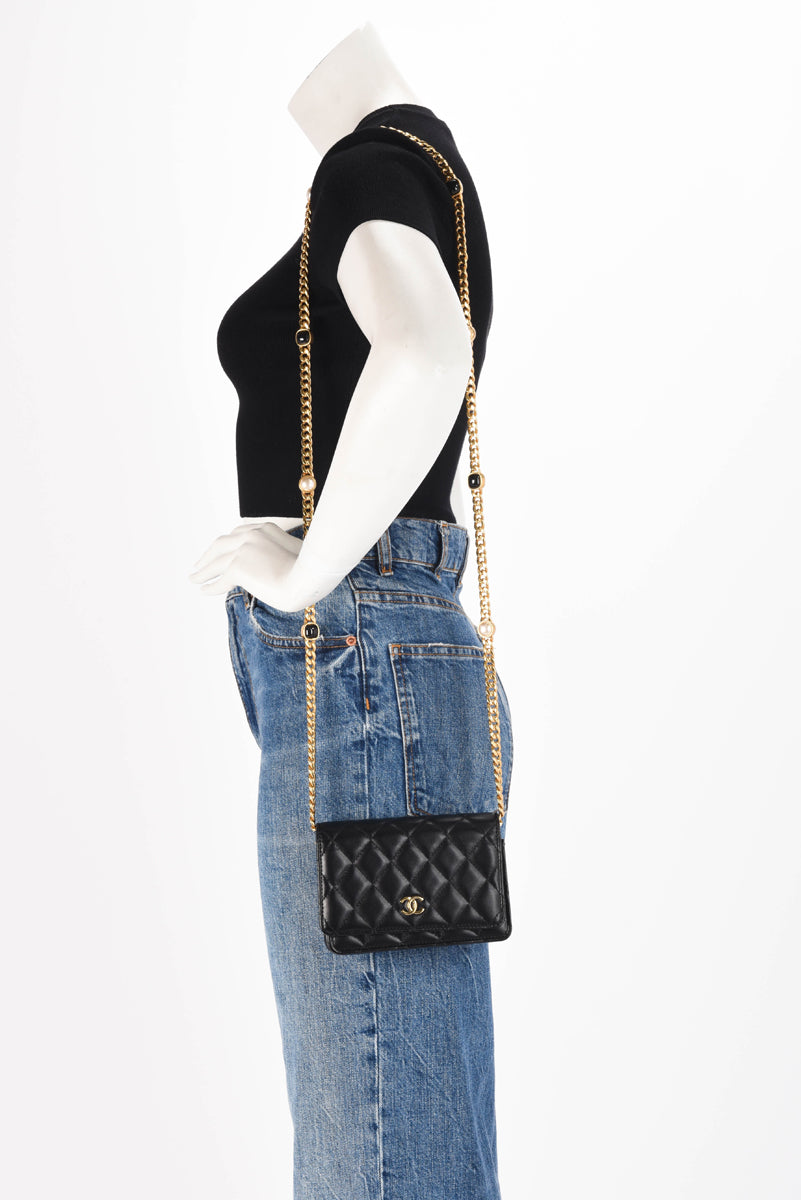 Chanel Black Quilted Lambskin CC Pearl Enamel Wallet on Chain