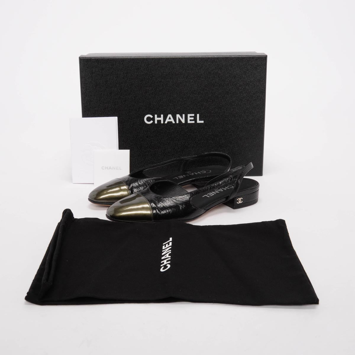 Chanel Black Aged Calfskin Cap Toe Slingbacks 36