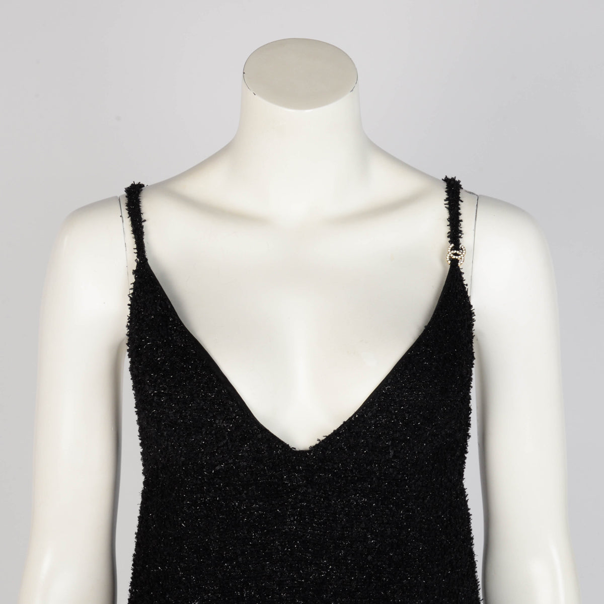 Chanel Black Lurex Boucle V-Neck Dress FR 44