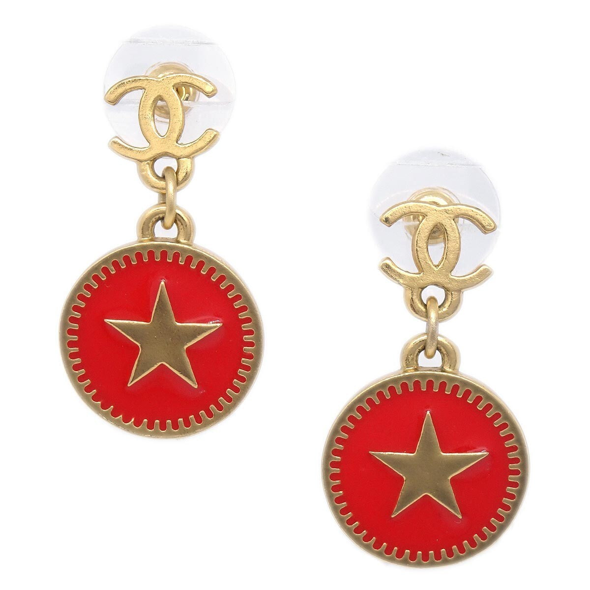 Chanel Vintage Red Enamel CC Star Drop Earrings